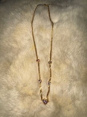 Gold Tone Heart Pendant Necklace - Pink Accents NEW